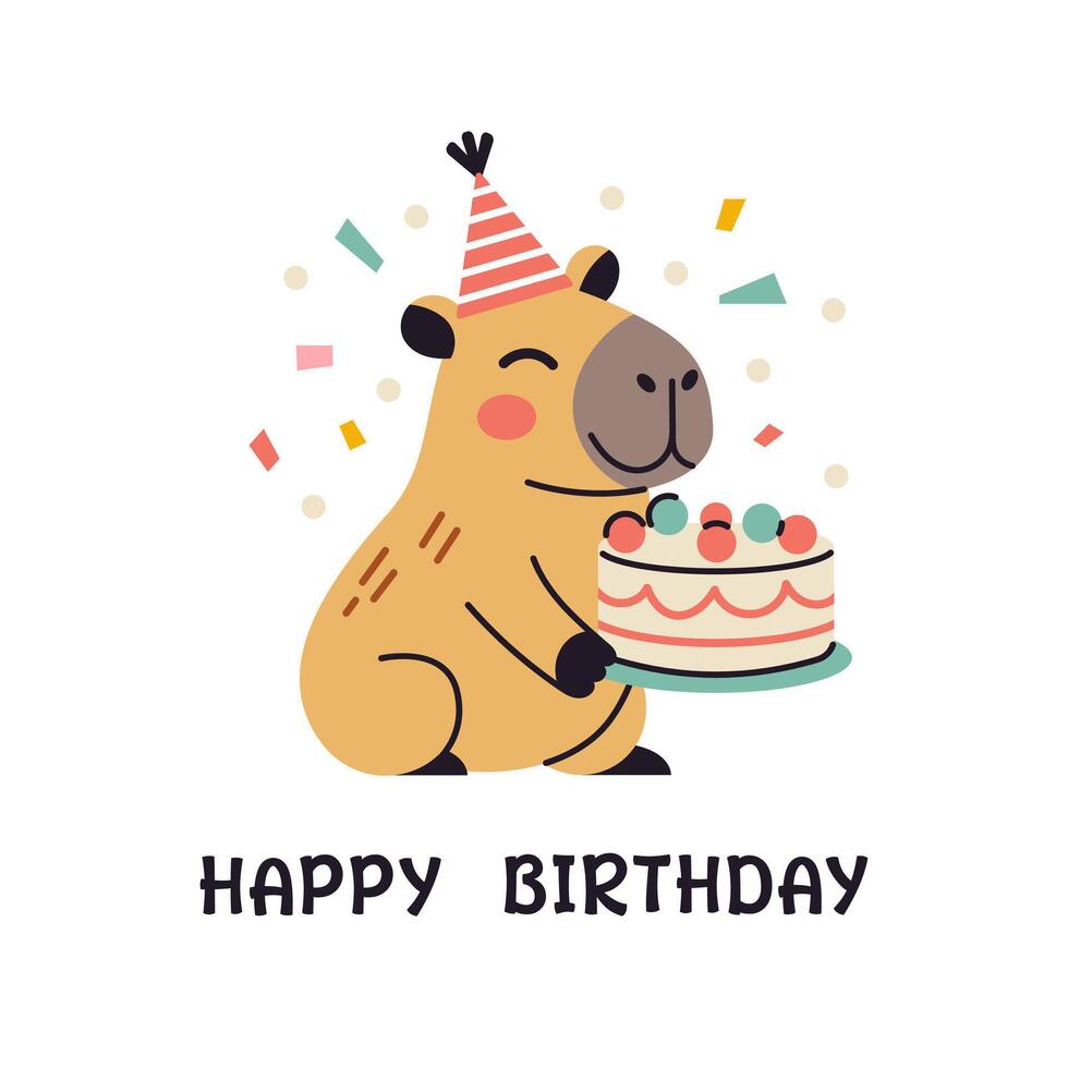 happy birthday greeting card with capybara. Poster with cute happy capybara with birthday cake in flat design. Greeting card illustration with cute capybara. Festive postcard. vector