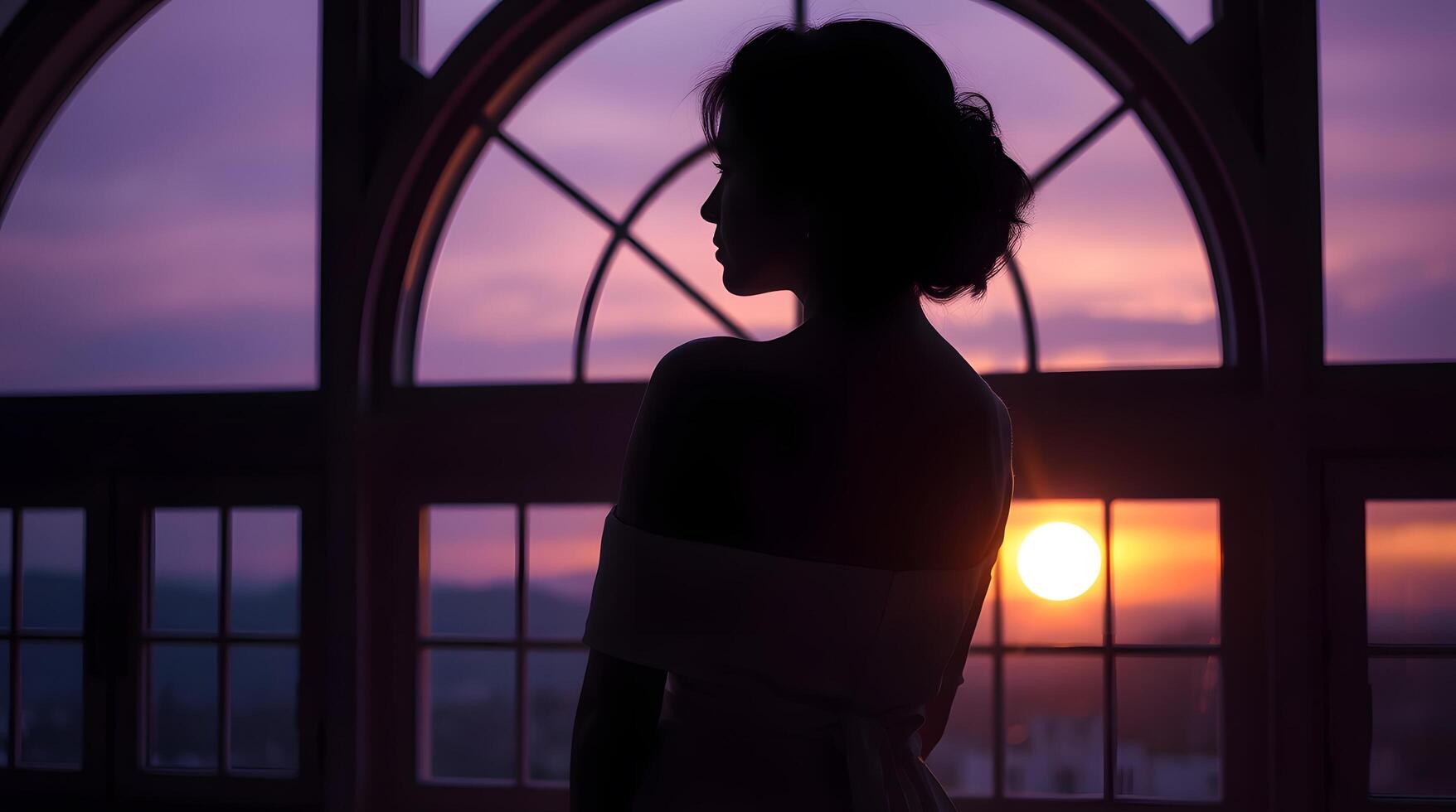 Woman Silhouette Gazing at Sunset Through Window Romantic and Peaceful photo