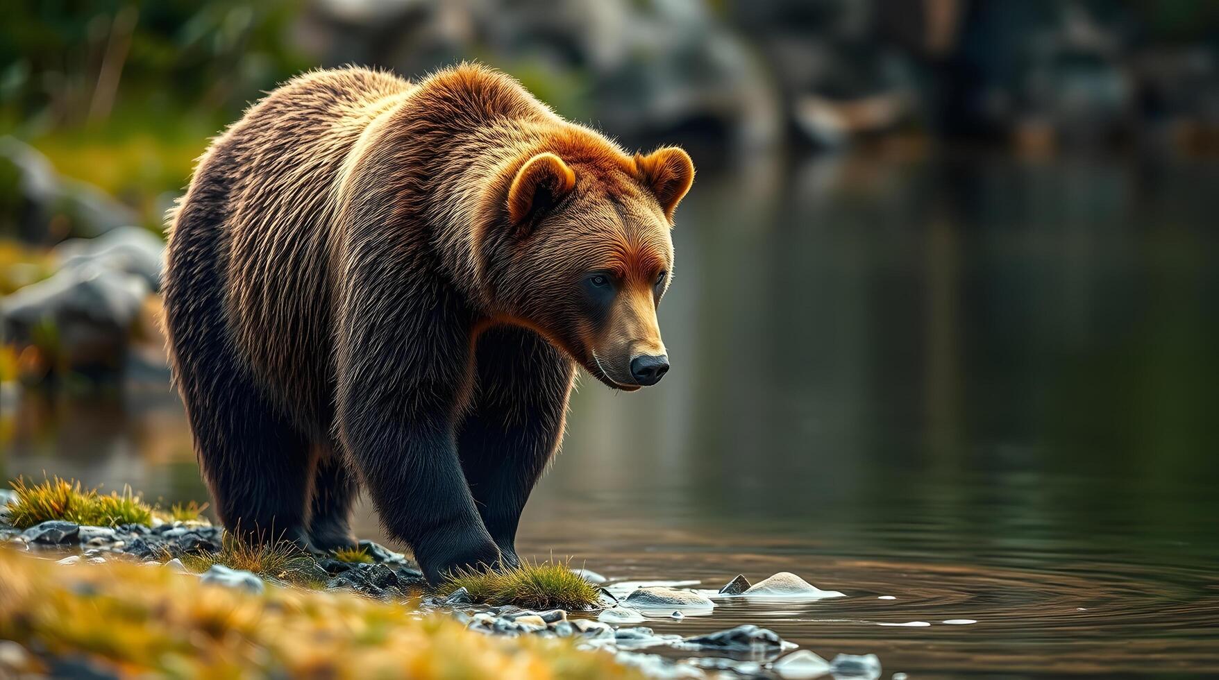 Grizzly Bear Walking Near Lake Edge in Natural Habitat photo