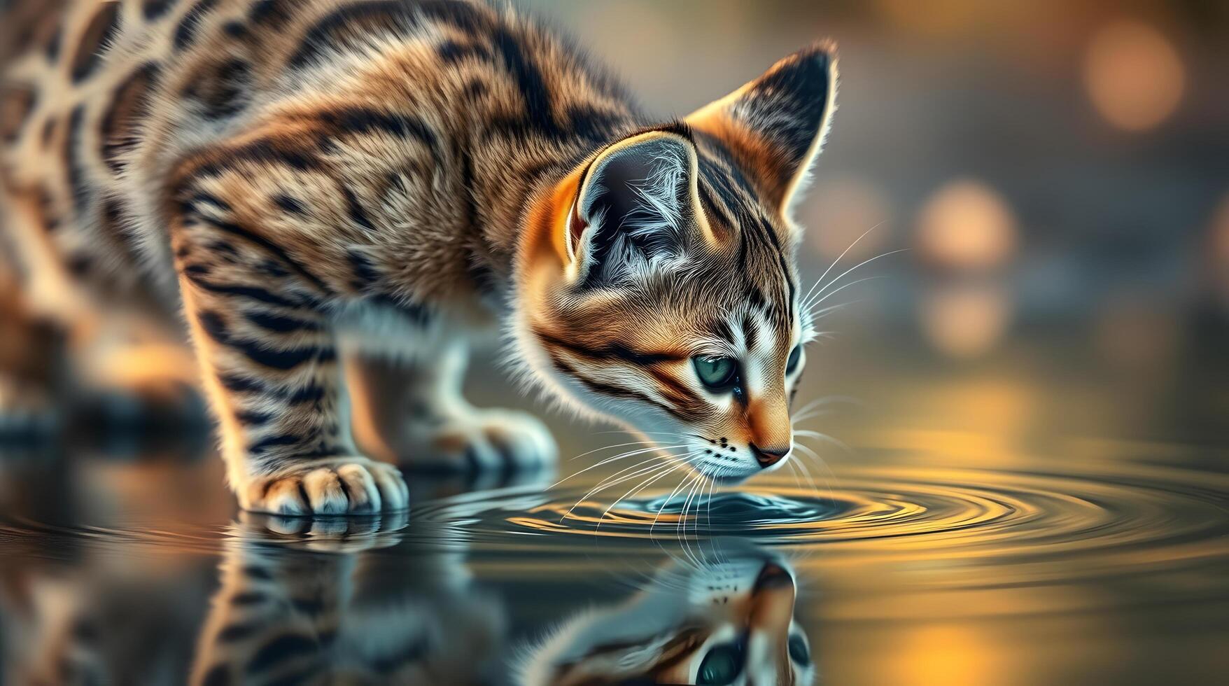 Kitten Drinking Water with Striking Reflection and Bokeh Background photo