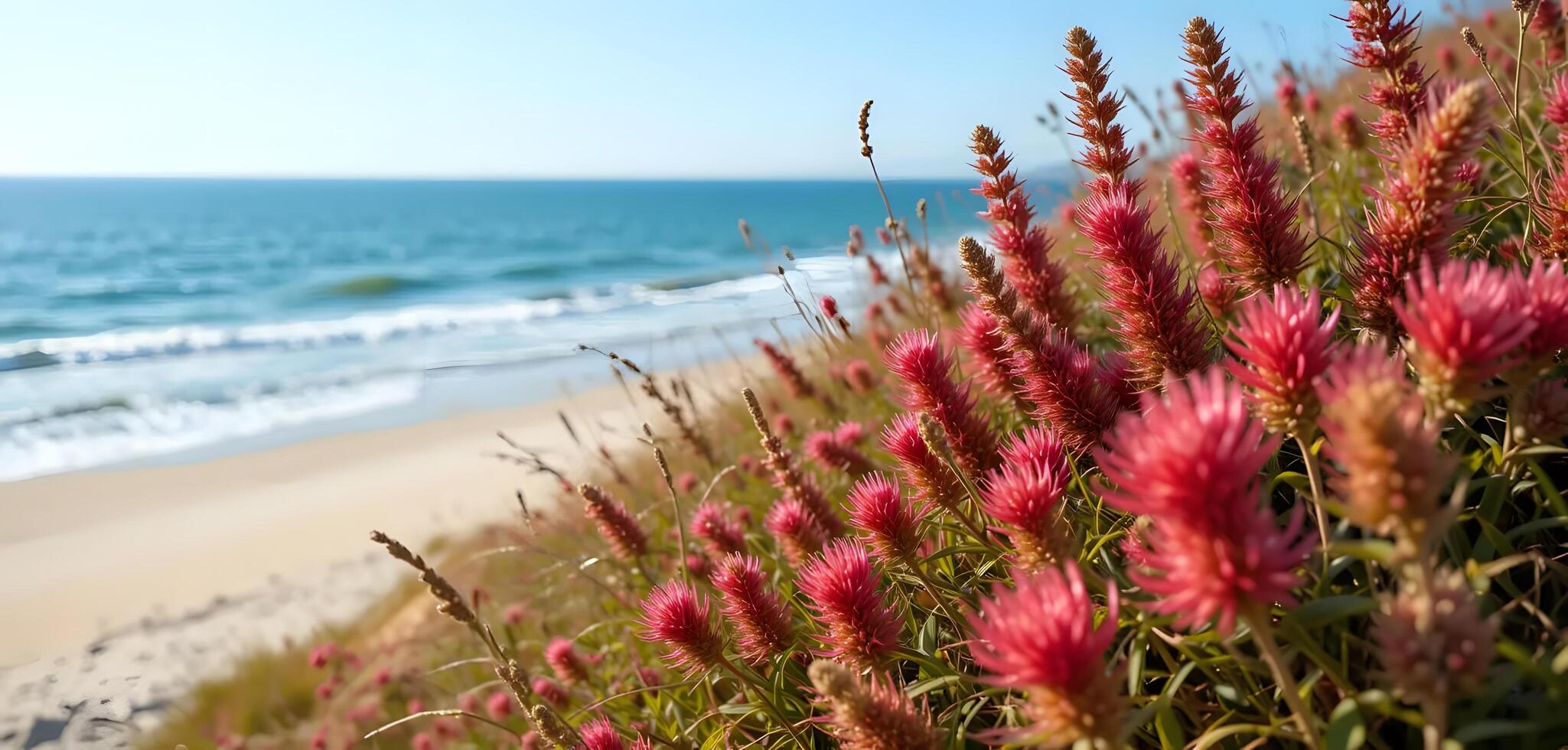 Pink Flowers Bloom on Coastal Dune Overlooking Sandy Beach and Ocean photo