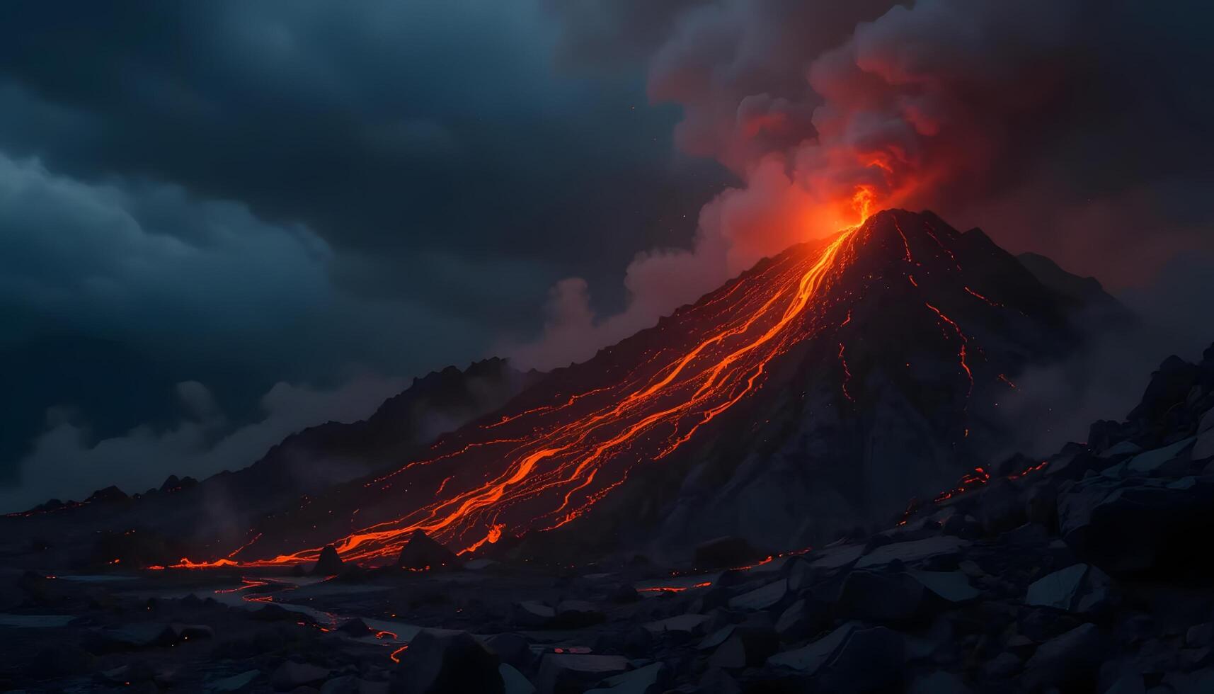 Erupting Volcano with Flowing Lava Under Dark and Stormy Sky photo