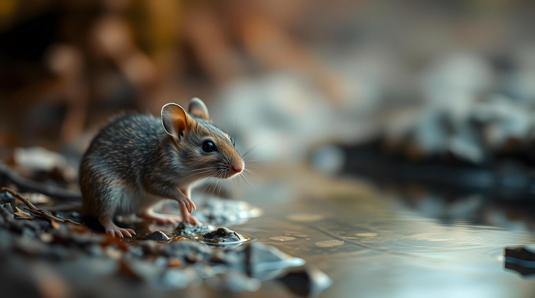 Small Mouse Drinking Water at Riverbank in Natural Environment photo