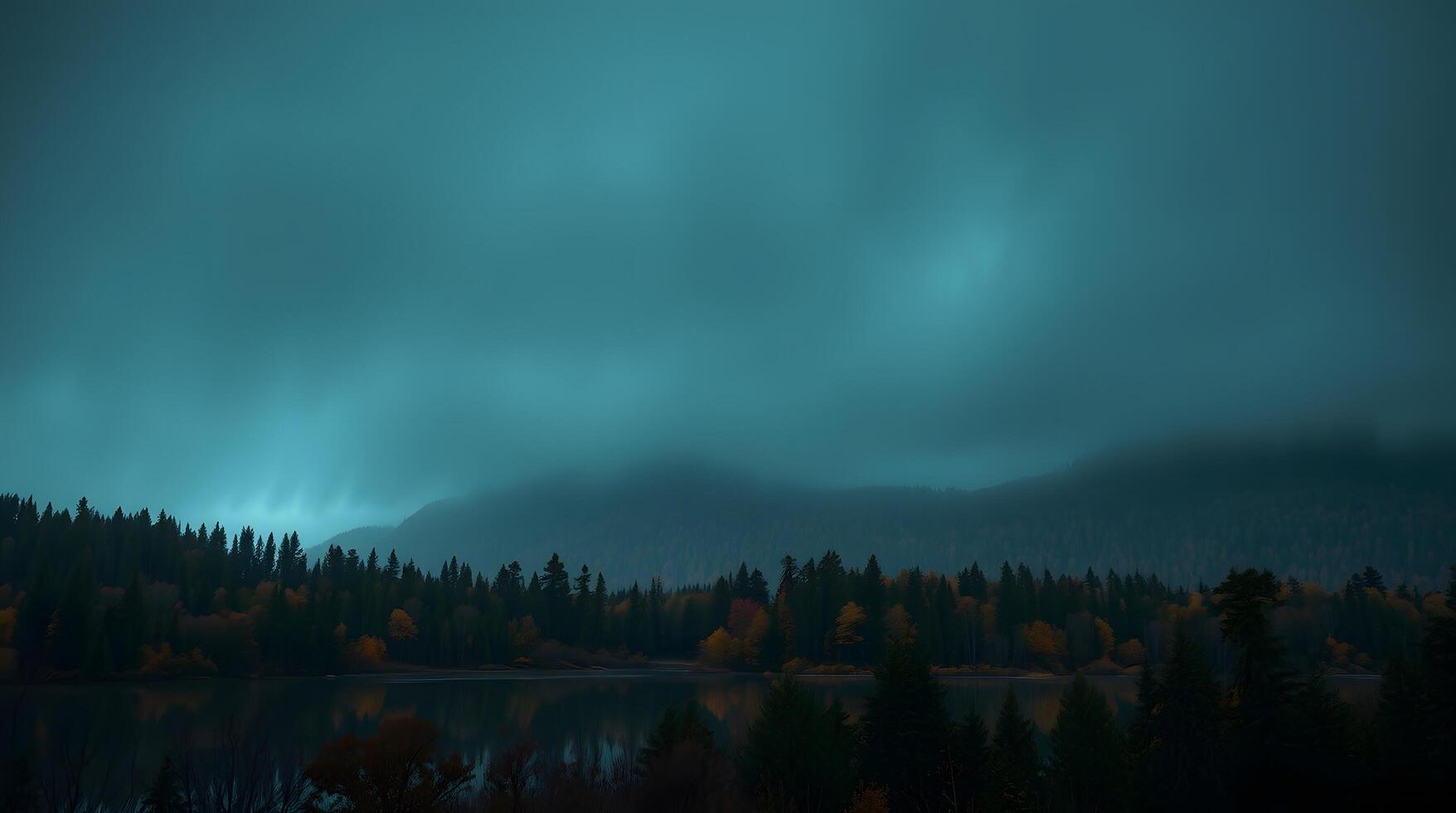 Lake Reflecting Forest and Misty Mountains Under Atmospheric Sky photo
