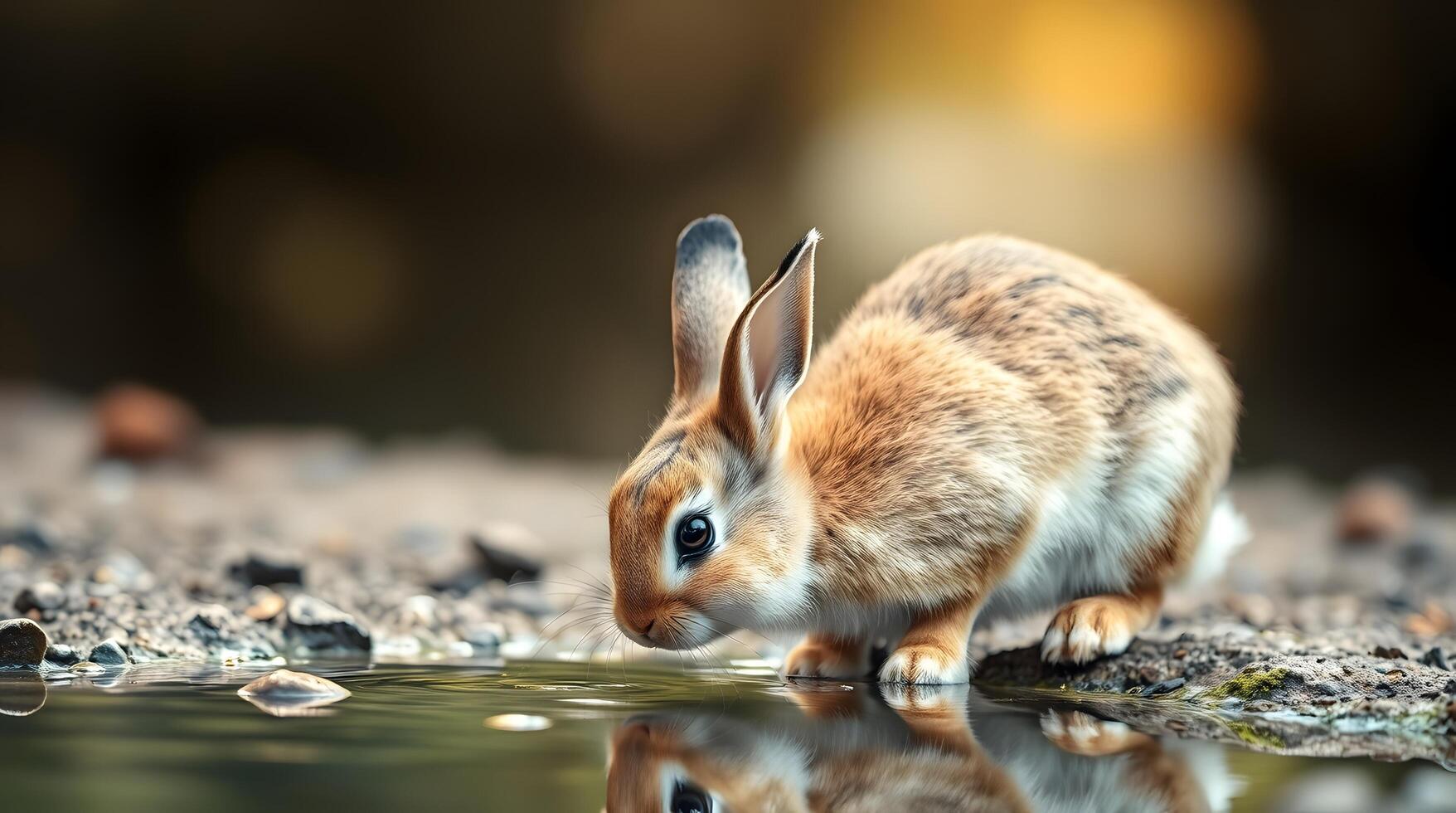 Cute Rabbit Drinking Water Reflection in Nature Photography Landscape View photo