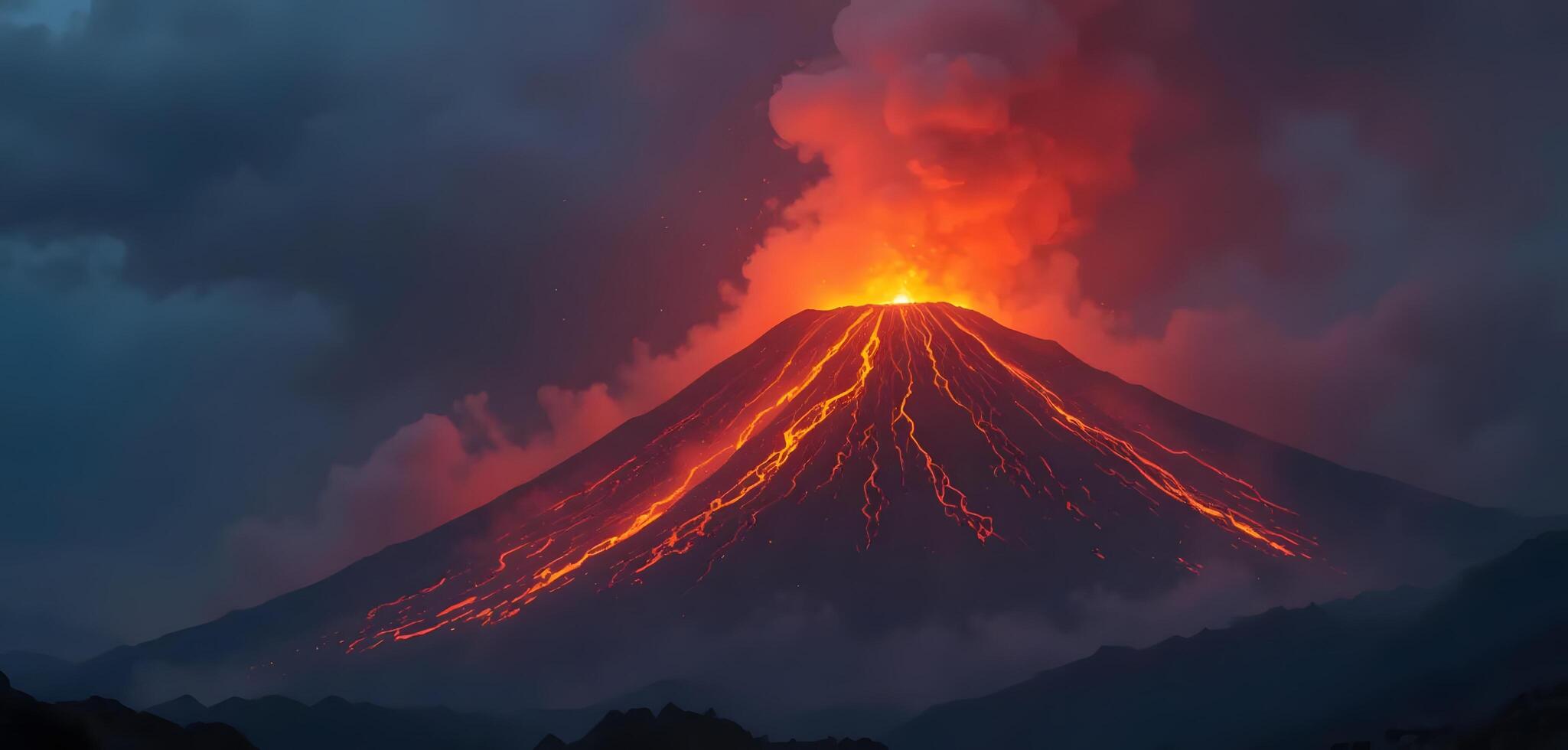 Erupting Volcano Landscape with Flowing Lava and Dramatic Cloudscape photo