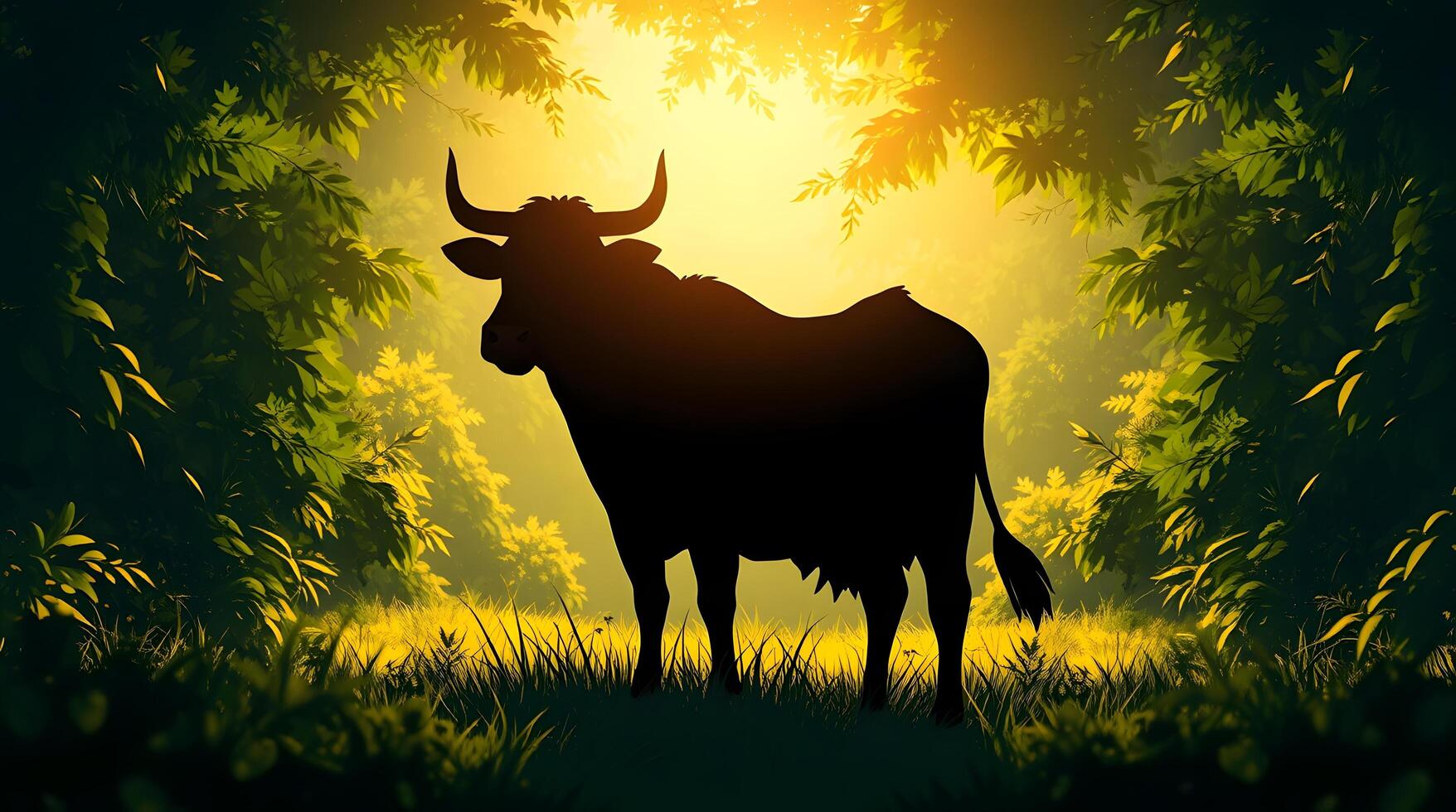 Silhouette of a Large Bull Standing in a Forest Clearing photo