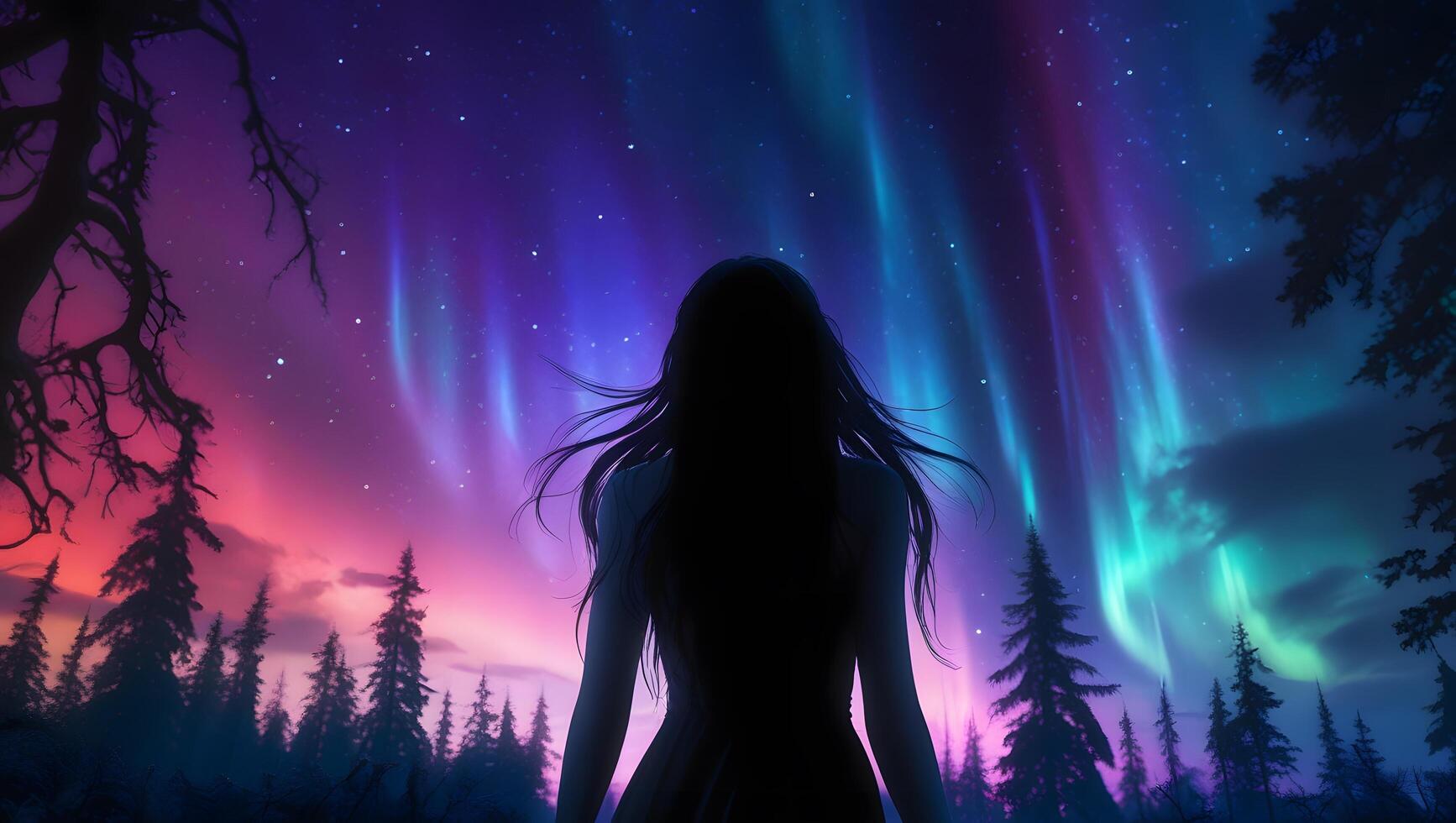 Woman Watching Magical Aurora Borealis Over Forest Nightscape Illustration photo
