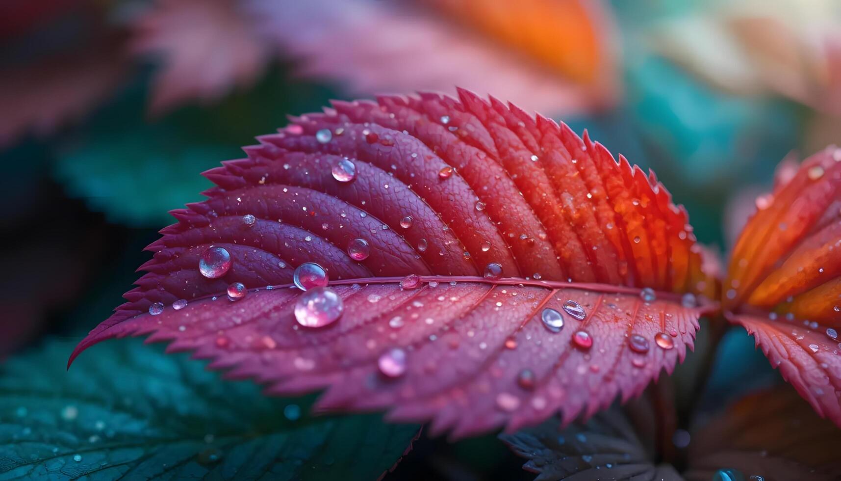 Close-up of Red Leaf Covered with Water Droplets Sparkling Brightly photo