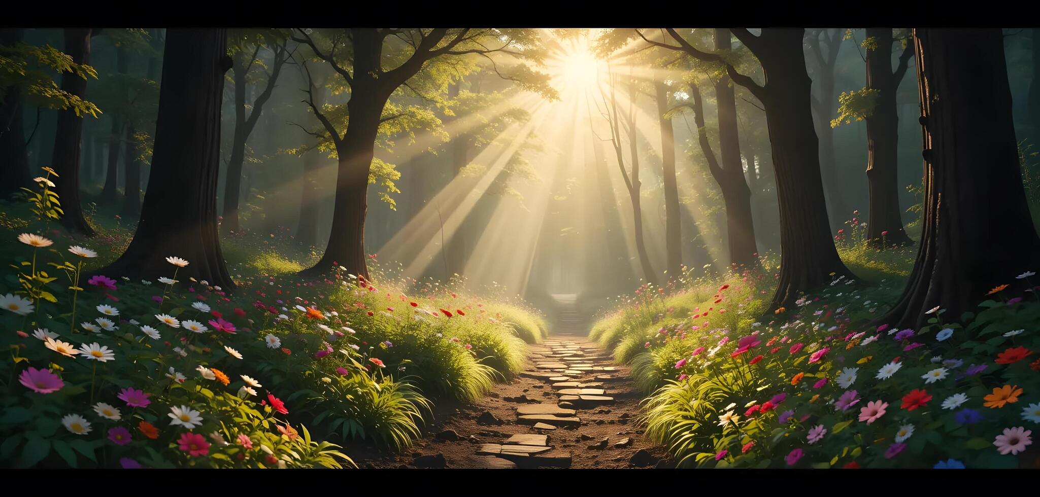 Sunbeams Through Forest Trees with Wildflowers Along a Stone Path photo