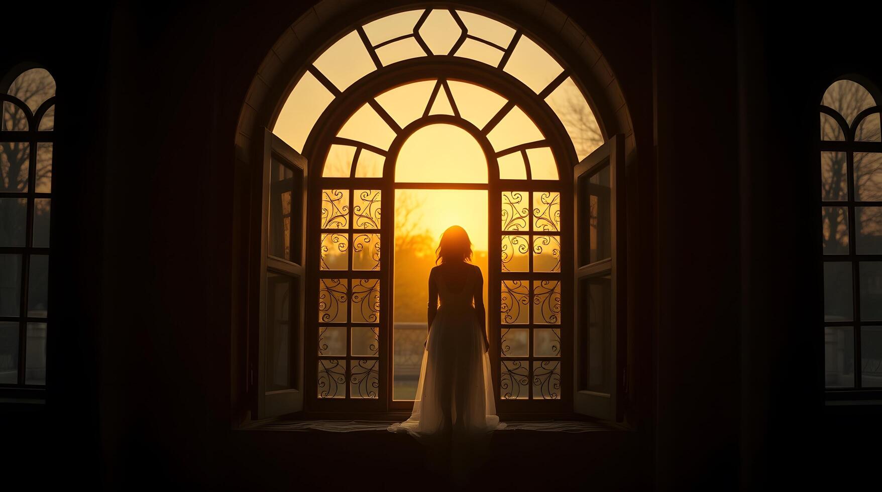 Woman in Dress Looking Out Large Window at Sunrise Silhouette photo