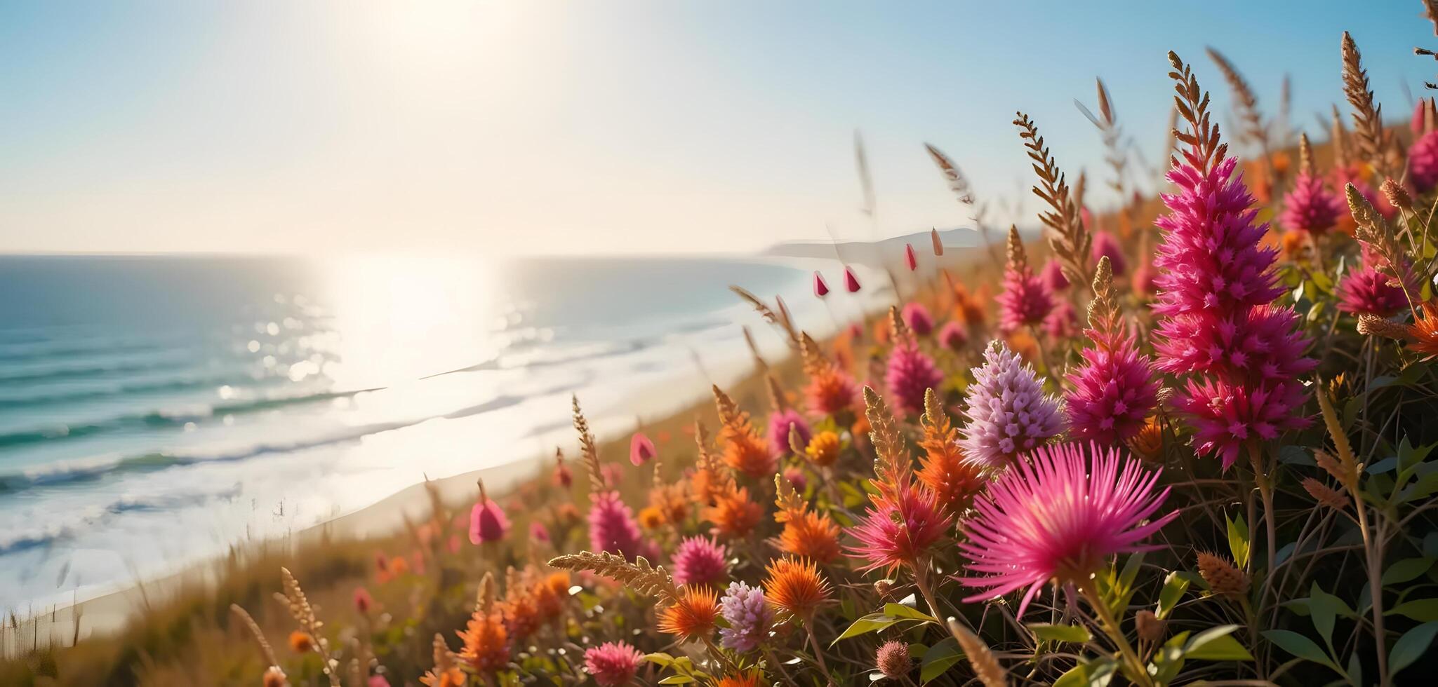 Ocean View with Colorful Wildflowers on Hillside at Sunny Day photo
