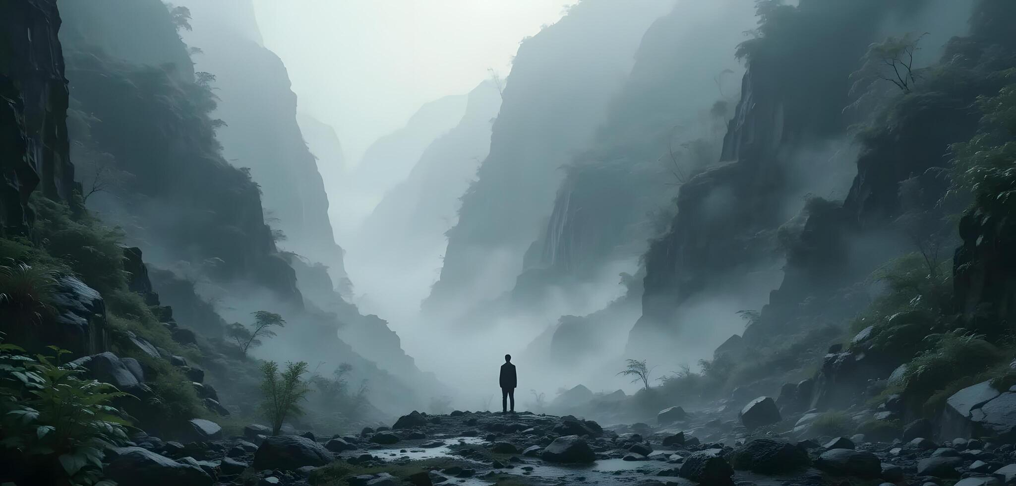 Man Standing in Foggy Mountain Valley Landscape Surrounded by Cliffs photo
