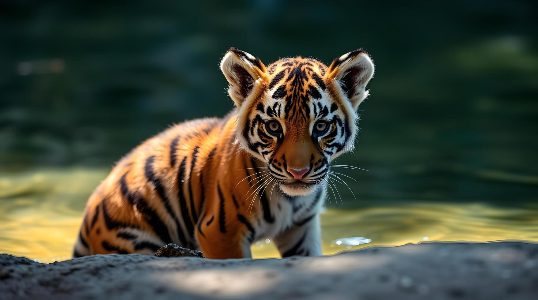 Adorable Tiger Cub Standing in Water Looking at the Camera photo