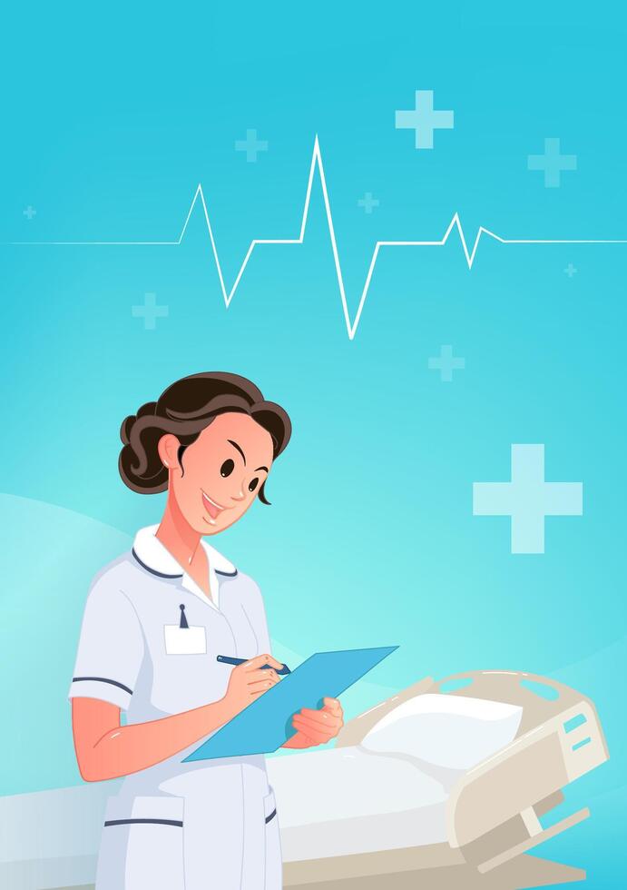 Medical theme vertical edition illustrated cartoon female nurse and hospital bed vector