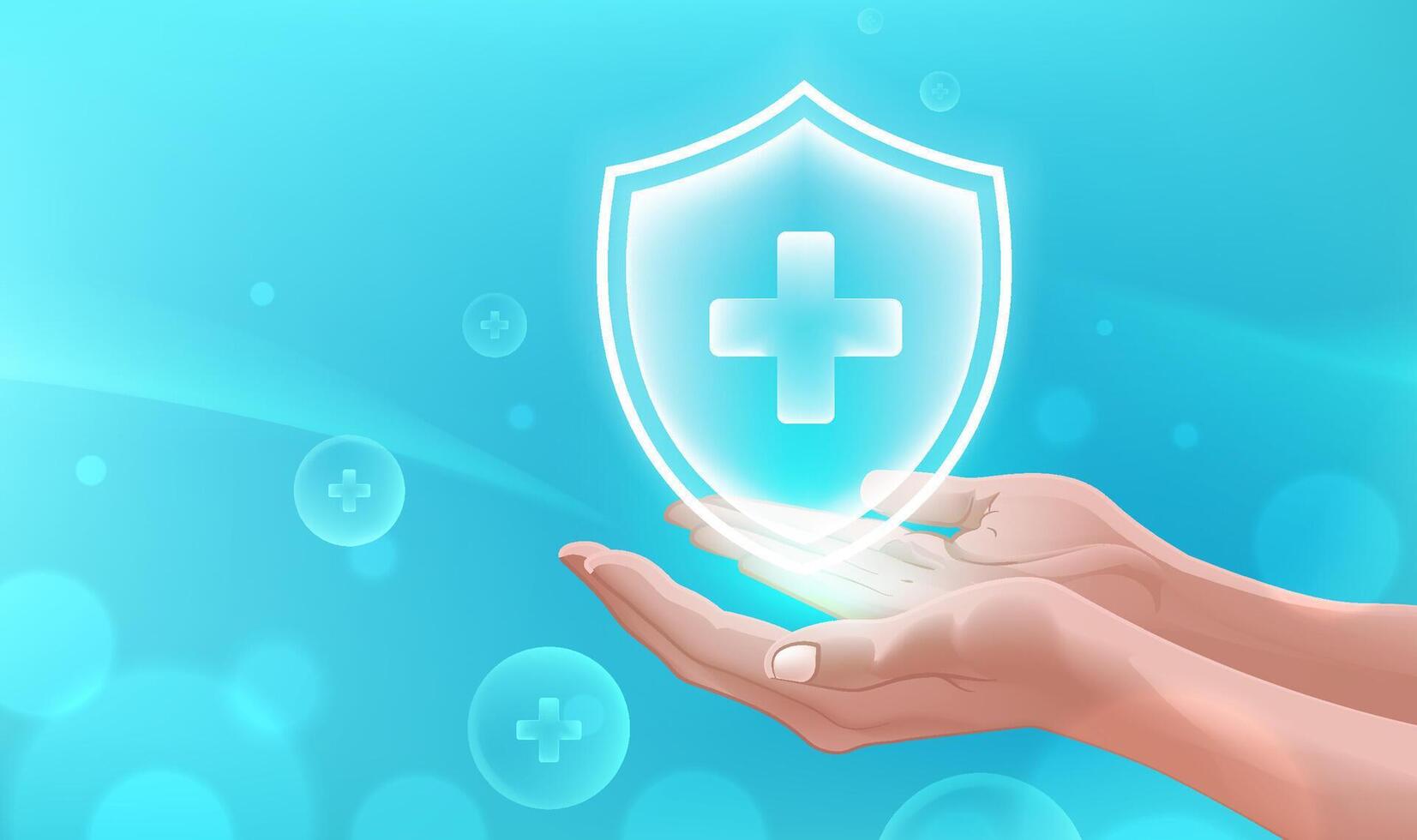 Medical theme horizontal illustrations holding protective shields in both hands vector