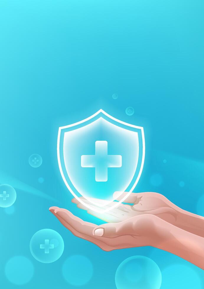 Medical theme vertical illustrations holding protective shields in both hands vector