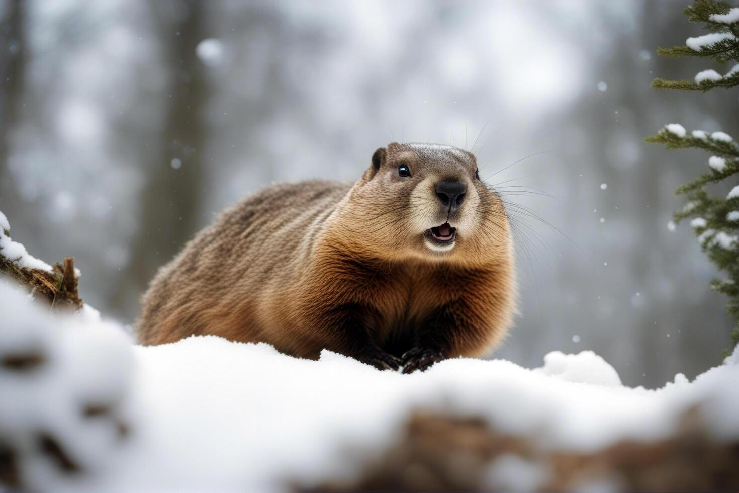 den Groundhog snowy emerges ground mammal wildlife animal snow hog nature photo