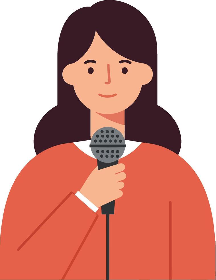 Young woman confidently holding a microphone in a minimal design style, showcasing enthusiasm and engagement in a public speaking scenario, illustration vector