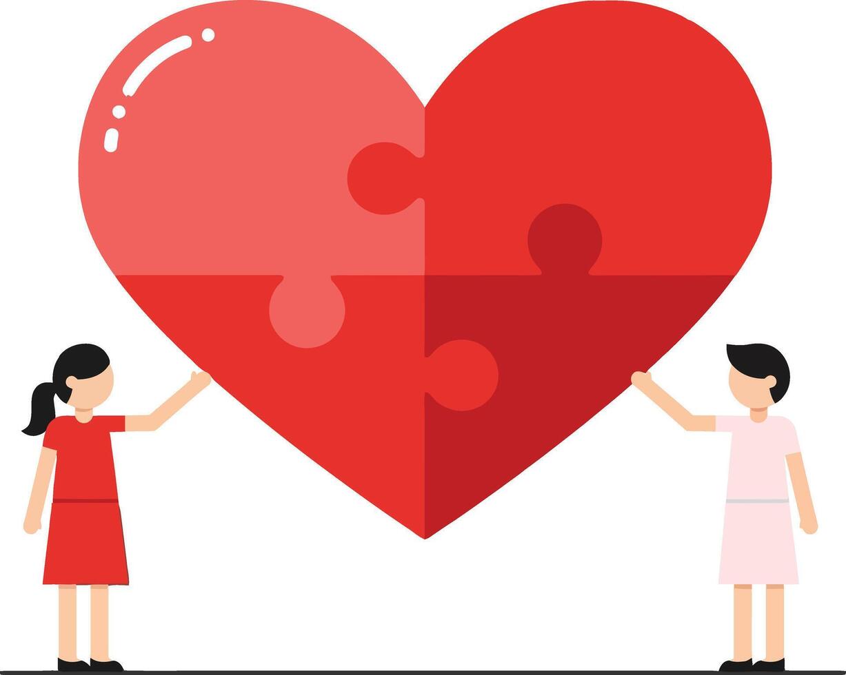 Two women holding a large red puzzle heart representing friendship in flat art style, symbolizing connection and unity with vibrant colors and playful design elements vector