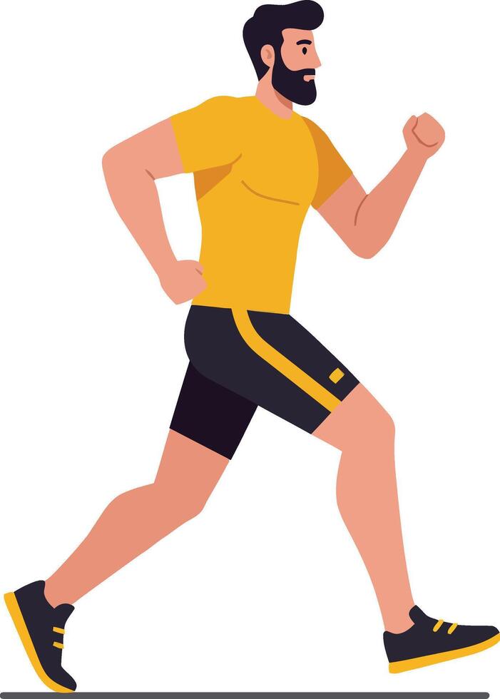 Male athlete in yellow sportswear jogging energetically in a dynamic pose, minimal flat design illustration vector