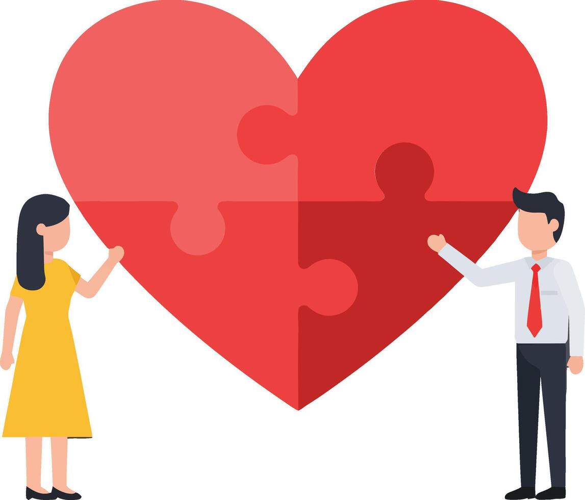 Two people collaboratively placing puzzle pieces into a large heart, showcasing unity and connection in a minimal illustration vector