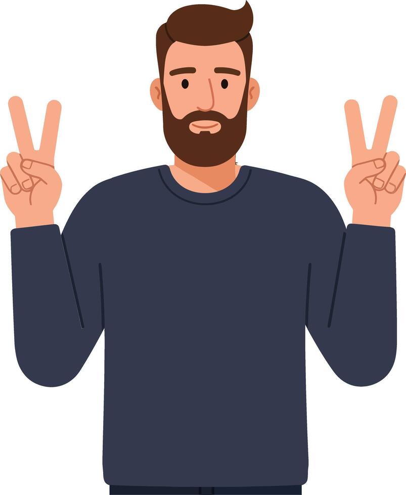 Cheerful young man with a beard making peace signs in a casual navy sweater, flat illustration radiating positivity and friendliness in a simple design style art vector