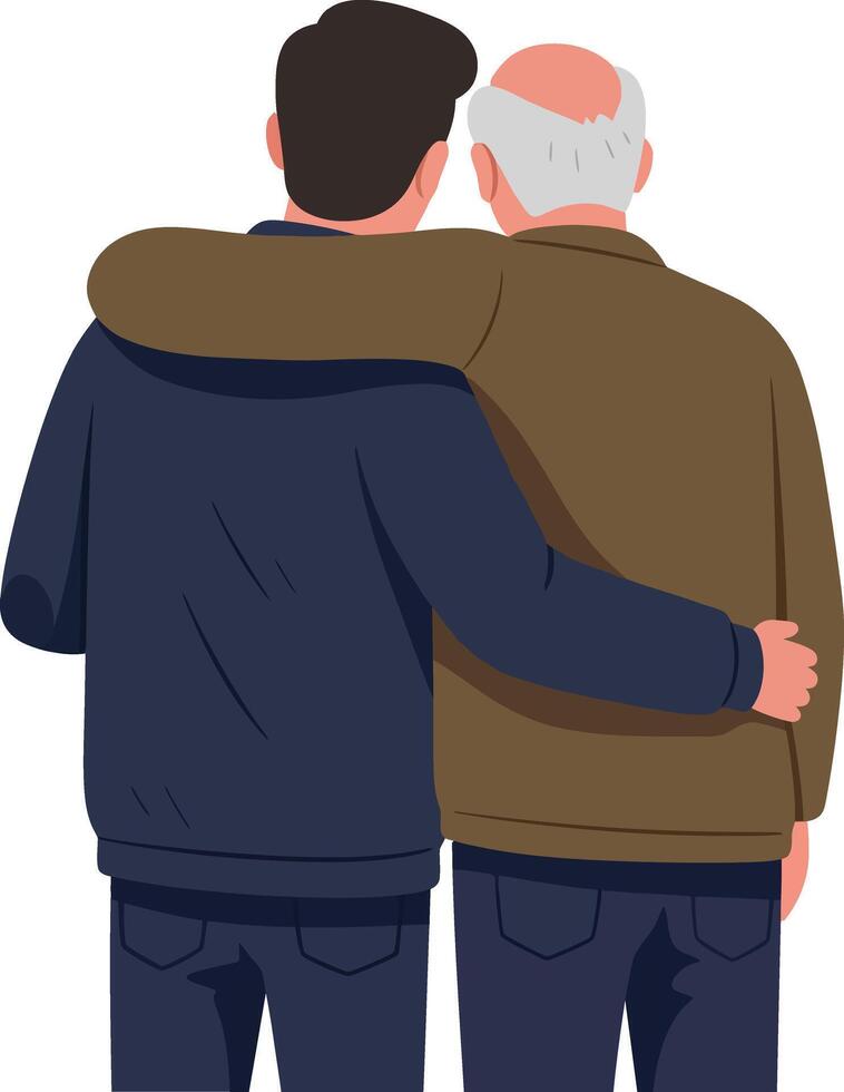 Two men embracing warmly in a flat design style showcasing affection and connection in art vector