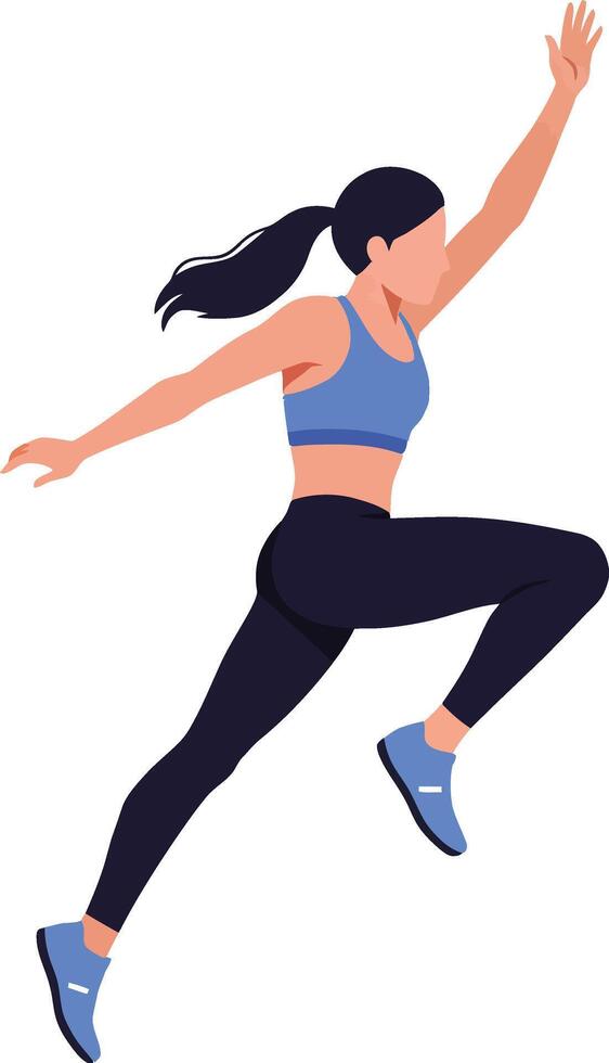 Dynamic female athlete in blue sportswear performing a high jump in a flat and modern design style, showcasing energy and determination in art vector