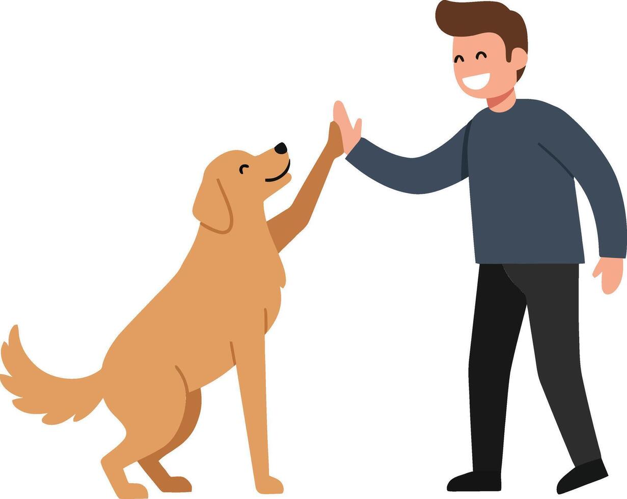 A cheerful man playfully interacting with a golden retriever dog in a flat, minimal style art vector