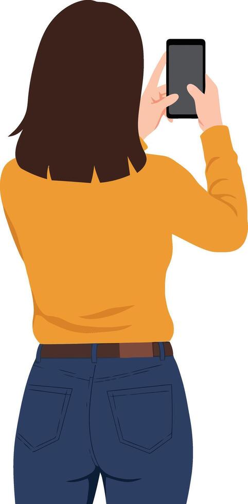 Woman with dark hair in a yellow sweater taking a selfie with a smartphone in a flat illustration vector