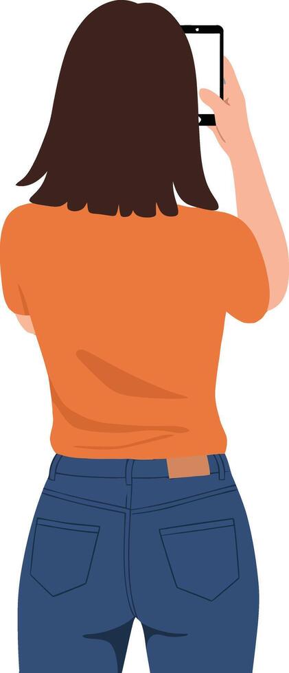 Woman capturing a moment with her smartphone in a casual setting, minimal illustration showcasing contemporary lifestyle and technology engagement, art vector