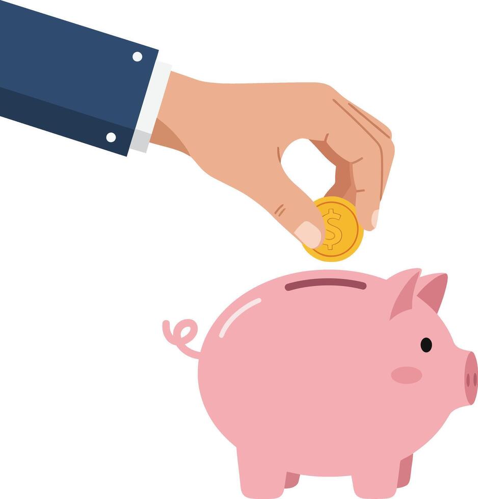 Hand inserting a golden coin into a pink piggy bank in flat art style showcasing savings and financial growth with a cheerful atmosphere vector