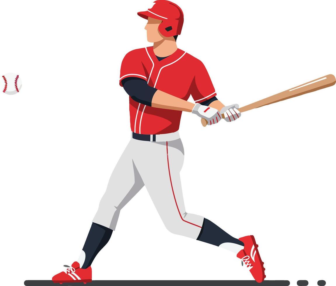 A baseball player in a red jersey swinging a bat with determination in a flat illustration style showcasing action and enthusiasm during a game vector