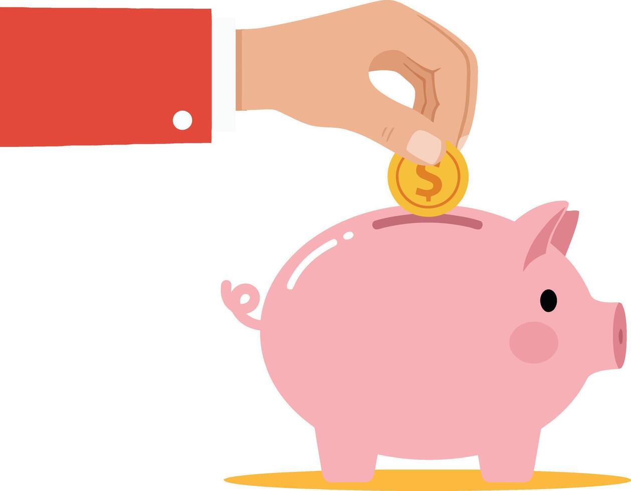 Hand inserting a coin into a pink piggy bank in a flat and minimal illustration representing savings and financial planning vector
