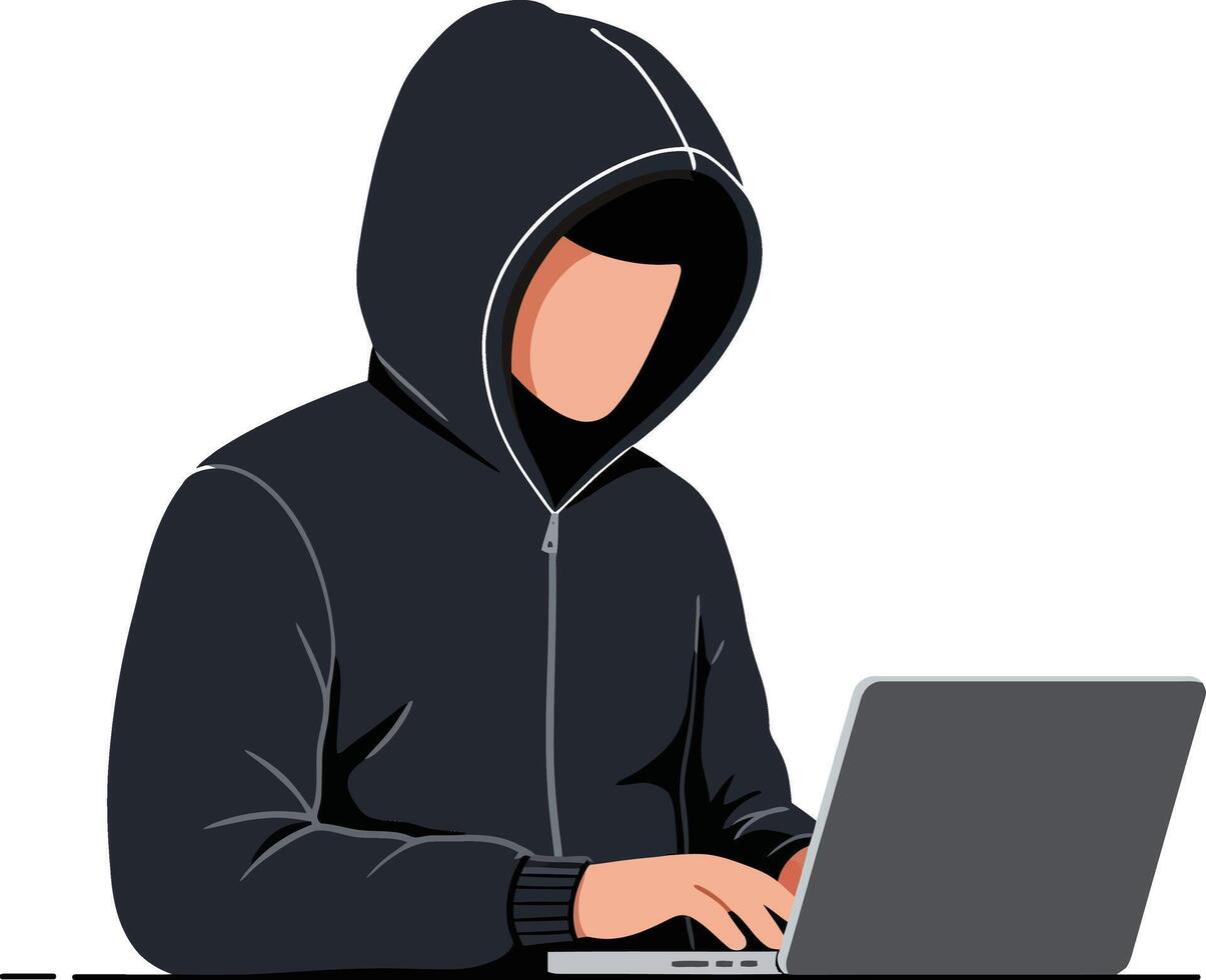Person in a black hoodie focused on typing on a laptop in a minimal and modern style art vector
