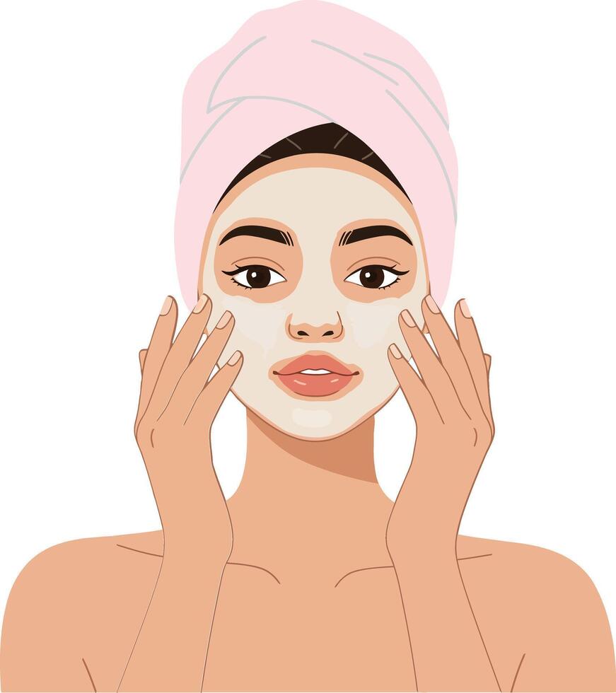 Woman applying facial mask with gentle touch in minimal style illustration showcasing self-care and beauty routine with a relaxed atmosphere vector