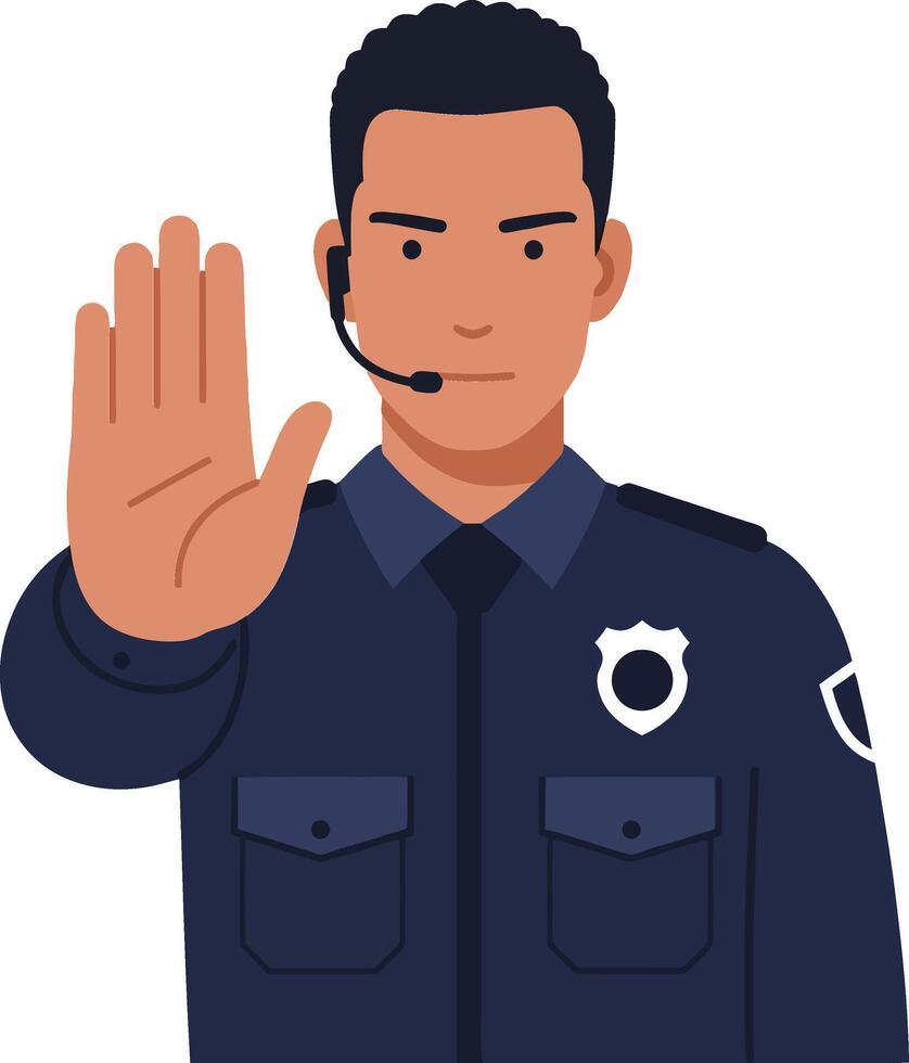 Policeman in dark uniform signaling to stop with a serious expression, flat design art vector