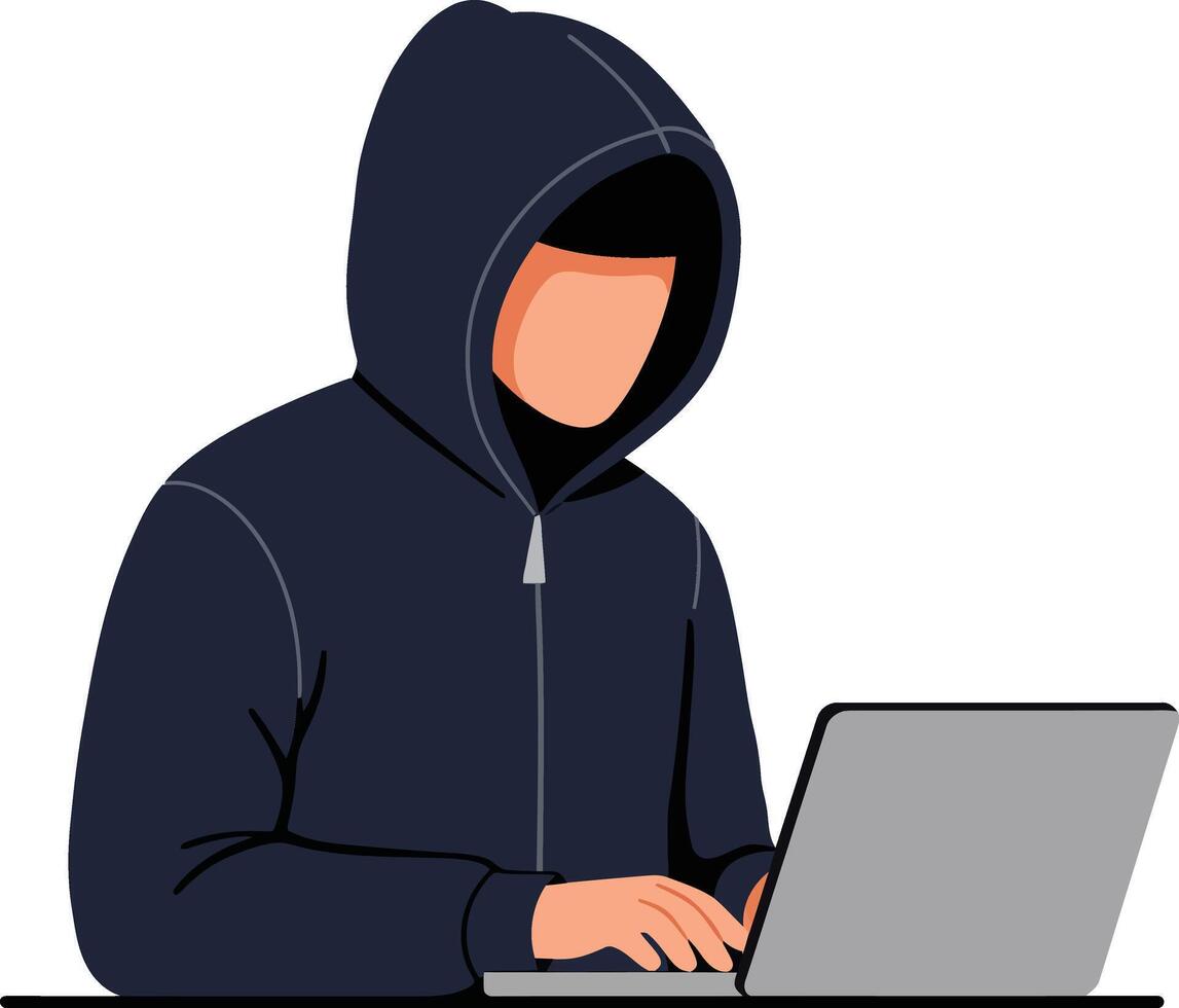 A hooded figure focused on a laptop in a minimalistic flat illustration, conveying an air of mystery and concentration in a digital environment art vector