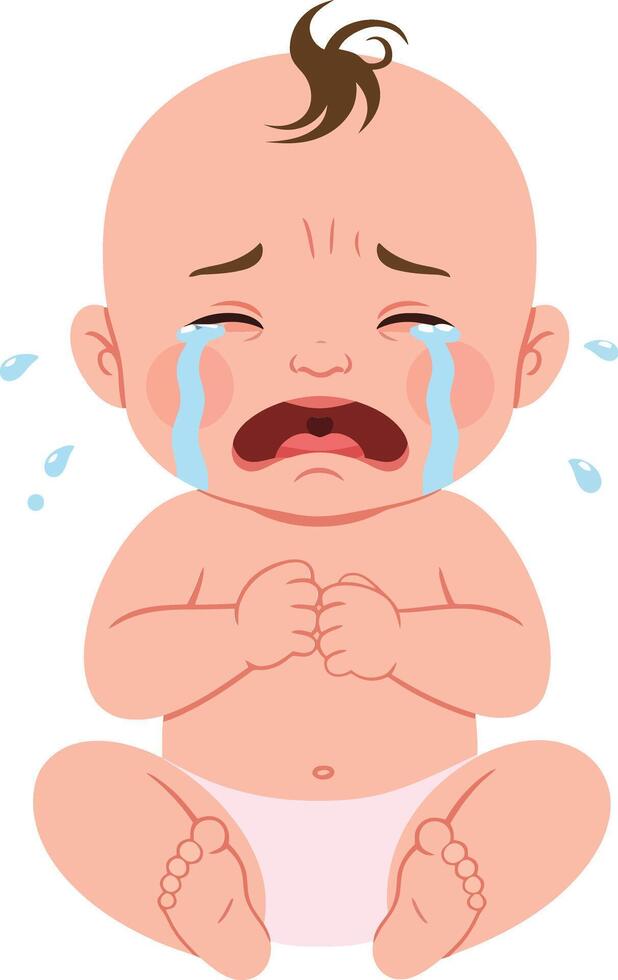 Crying baby with tears in a minimal style, expressing sadness and distress in a colorful illustration vector