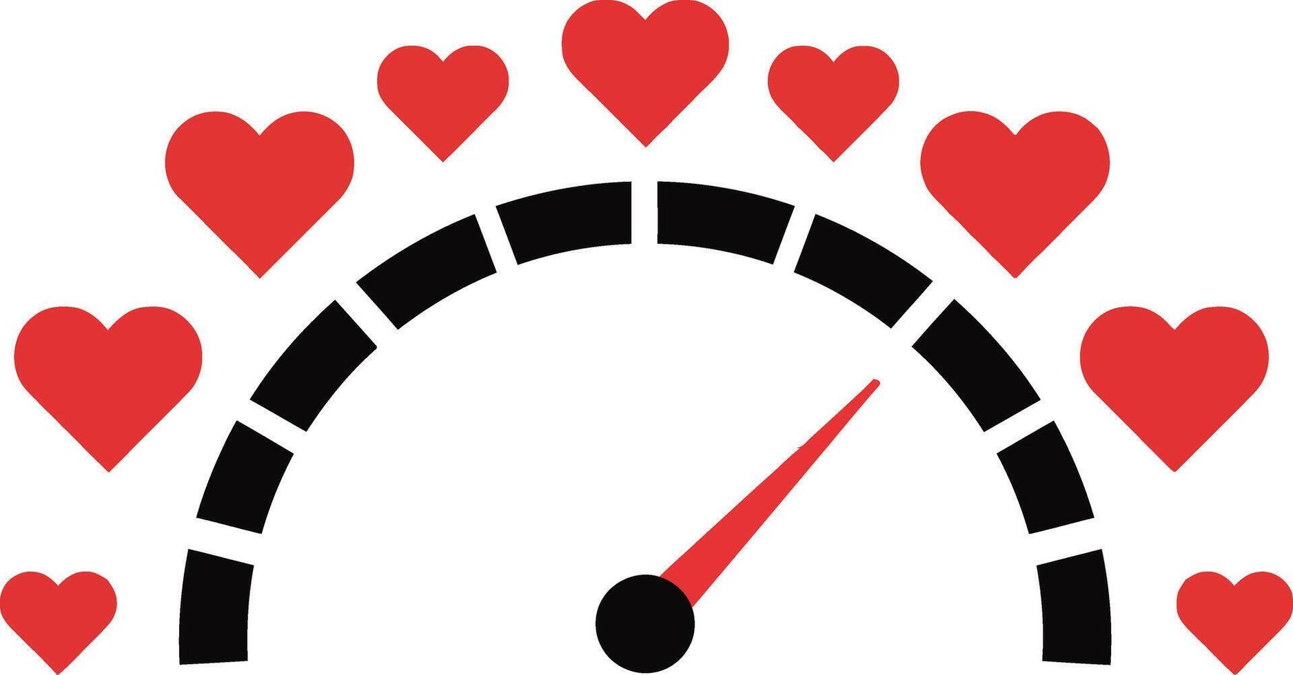 Heart-themed gauge illustration in minimal style showcasing love intensity with red hearts and a black needle in art vector