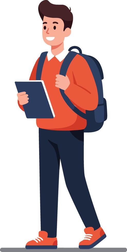 Cheerful young male student walking with a tablet and backpack in a flat illustration vector