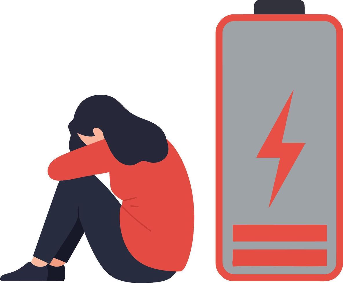 A woman sitting with her knees hugged to her chest next to a large low battery symbol in a minimal and flat design illustration vector