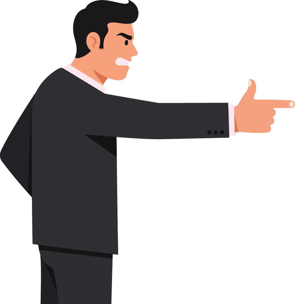 Businessman in a black suit passionately pointing his finger in a flat and minimal design style illustration vector