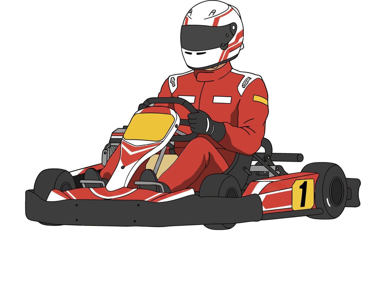 Go-kart racer in red suit speeding around a track in a flat and minimal illustration style showcasing excitement and adrenaline in the scene vector