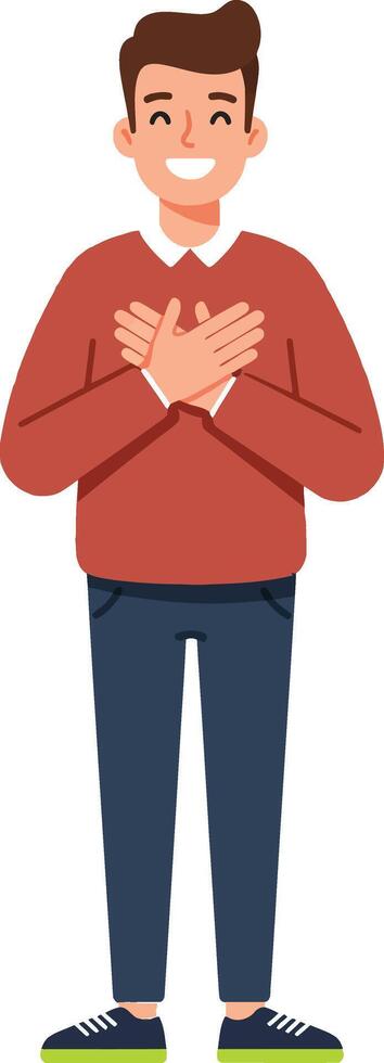 Cheerful young man standing with hands over heart in minimal style, expressing gratitude and warmth, showcasing happiness and positivity in art vector