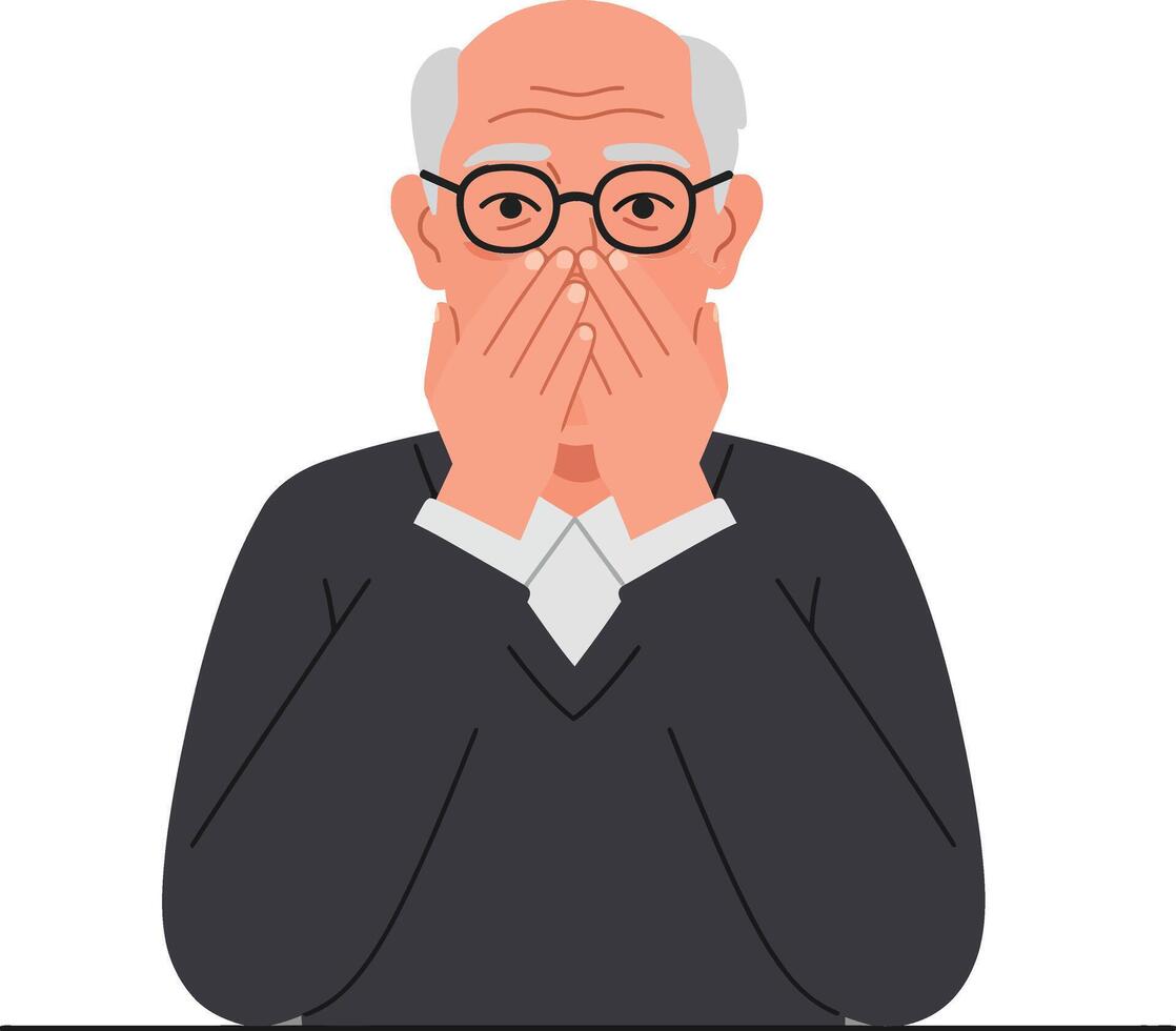 Elderly man with glasses showing concern while covering his face in a flat illustration depicting emotional distress and contemplation vector