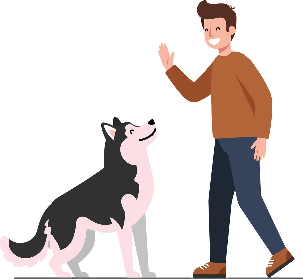 A cheerful man waving to his friendly black and white dog in a minimal and modern style illustration vector