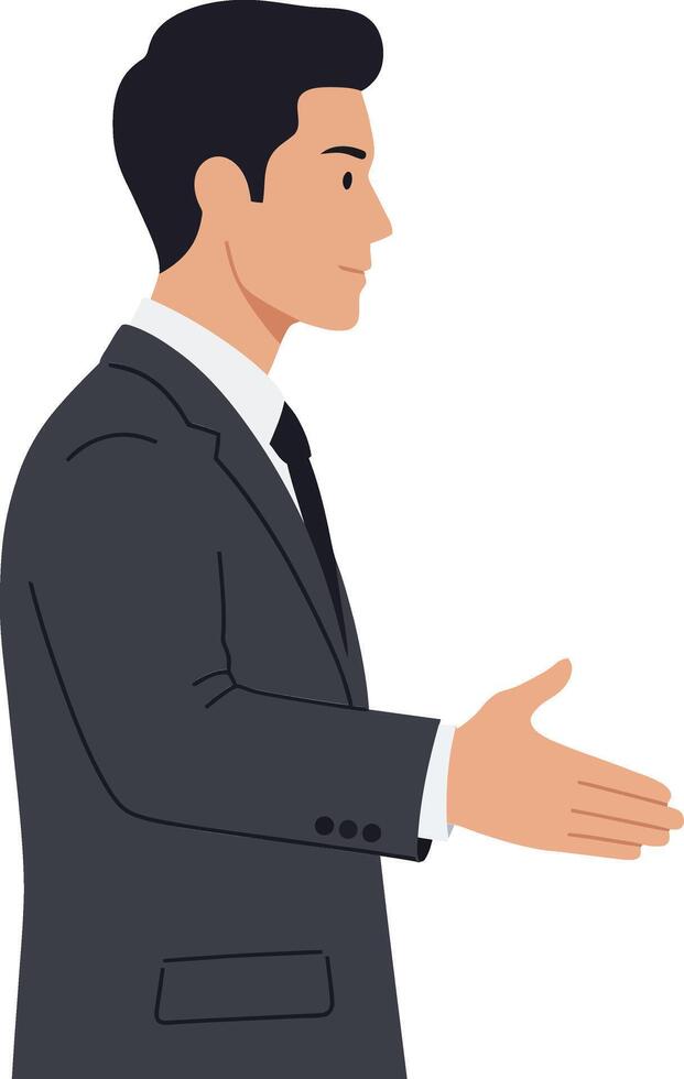 Professional man in a business suit extending his hand for a handshake in a flat illustration vector