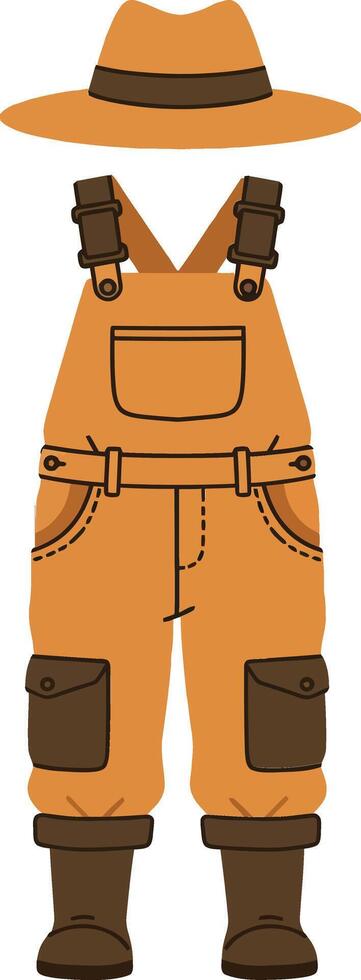 Orange overalls and wide-brimmed hat character in flat illustration style showcasing a rustic farming theme and cheerful outdoor atmosphere in art vector